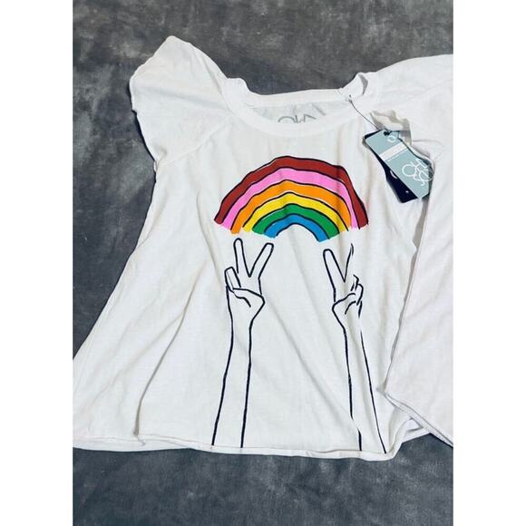 NWT Chaser‎ Size 10 Girl Kid Short Sleeve Shirt White Rainbow Hippie Light - Picture 1 of 3